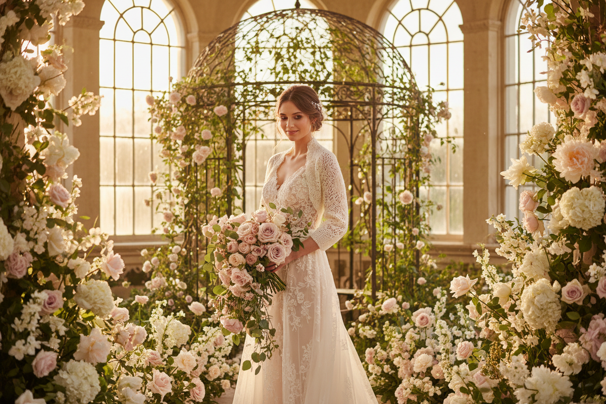 Braut im ivory Kleid mit Kaschmir Bolero von Beemohr – romantische Hochzeit