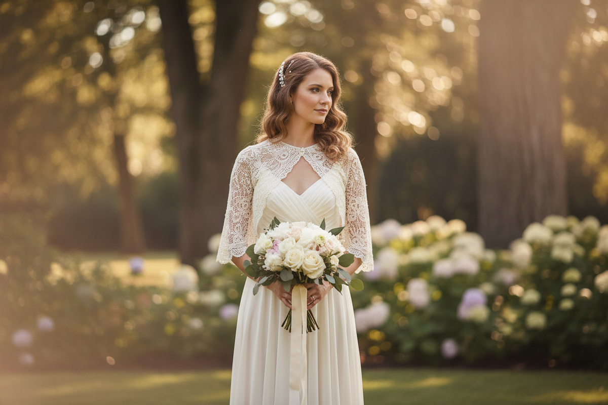 Braut mit handgestricktem Ivory Bolero – elegante Strickjacke für die Hochzeit von beemohr