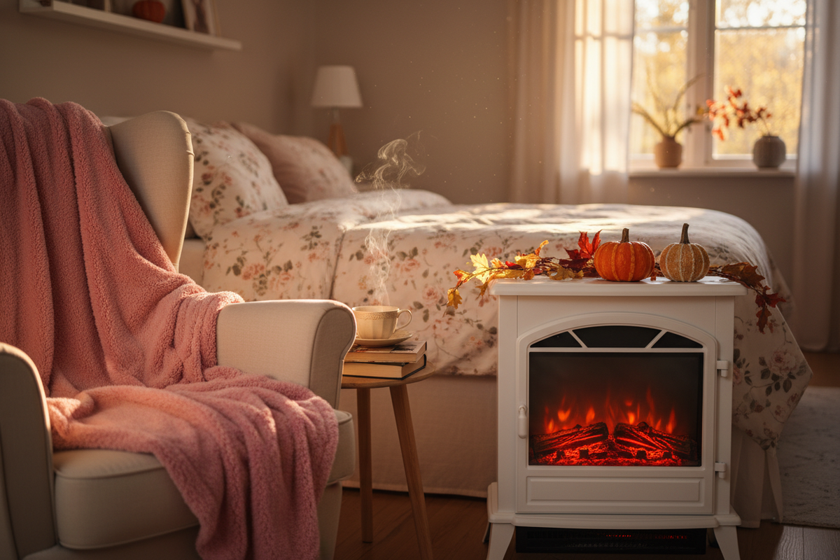Schlafzimmer mit Kamin und Sessel