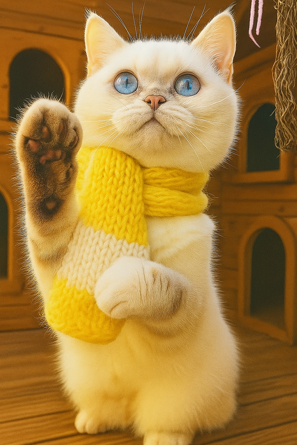 white cat mit scarf