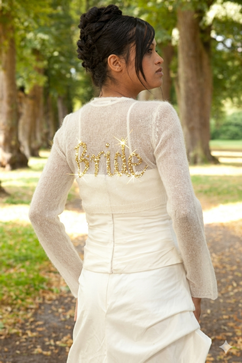 Bide writing glitter in gold on wedding jacket