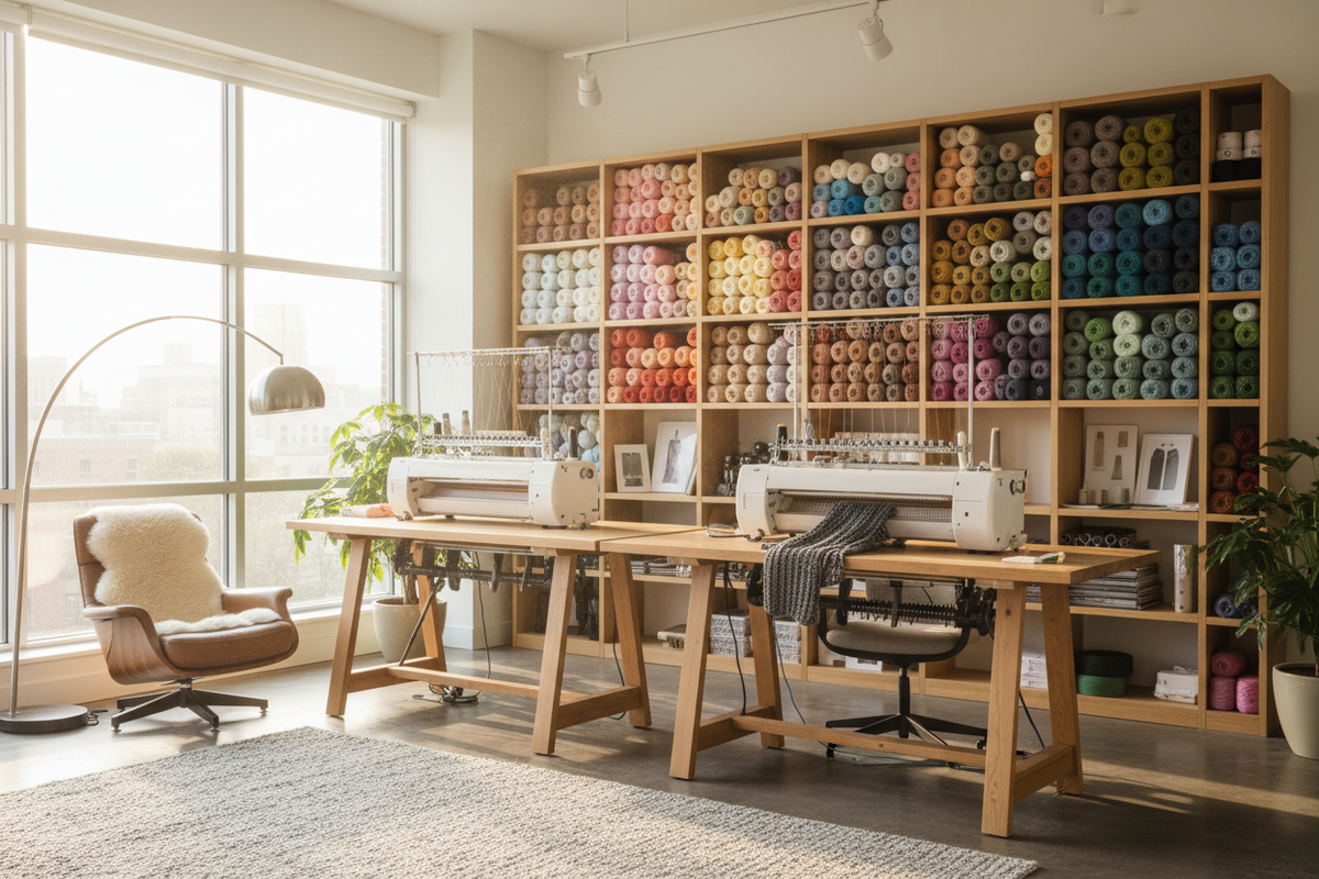 Strickatelier und Wohnbereich von Beemohr – Wolle, Strickmaschine und Arbeitsplatz