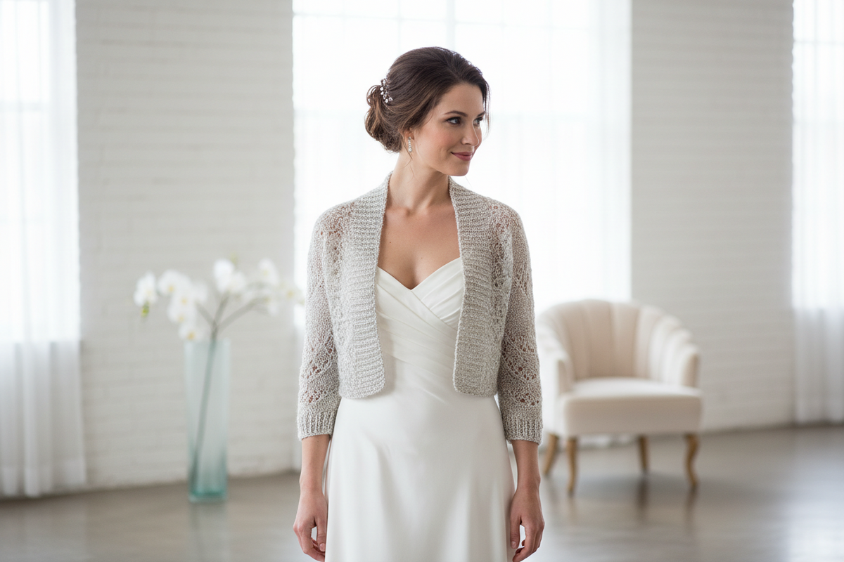 Bride wearing a shimmering silver ivory handknitted bolero jacket – bridal knitwear made in Germany by Beemohr