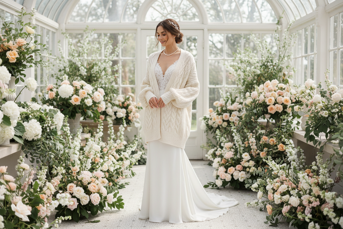 Braut im weichen Ivory-Bolero mit saisonalen Blumen – handgestrickte Brautjacken für jede Jahreszeit von Beemohr