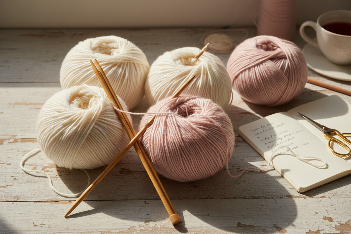 Soft cashmere and merino wool balls in ivory and blush with knitting needles – wool collection for bridal jackets and sweaters by Beemohr