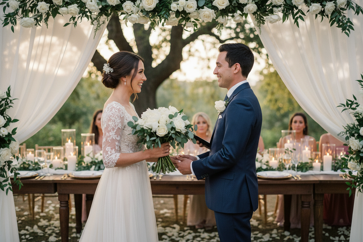 Brautpaar bei Hochzeit im Garten mit Hochzeitsgesellschaft