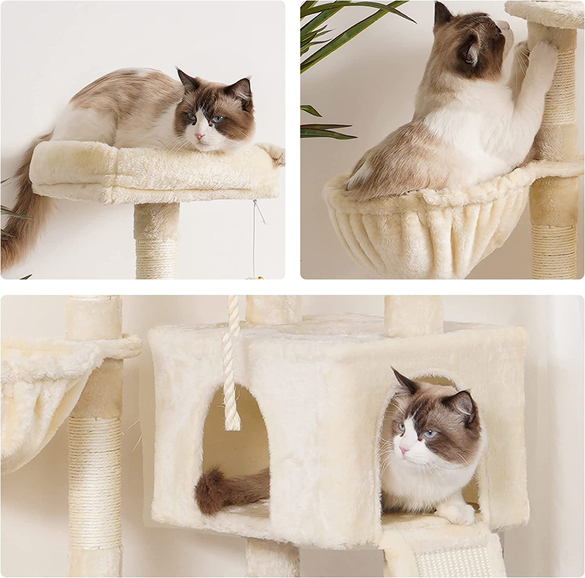 Kratzbaum in beige für Katzen mit Höhle und Sisal