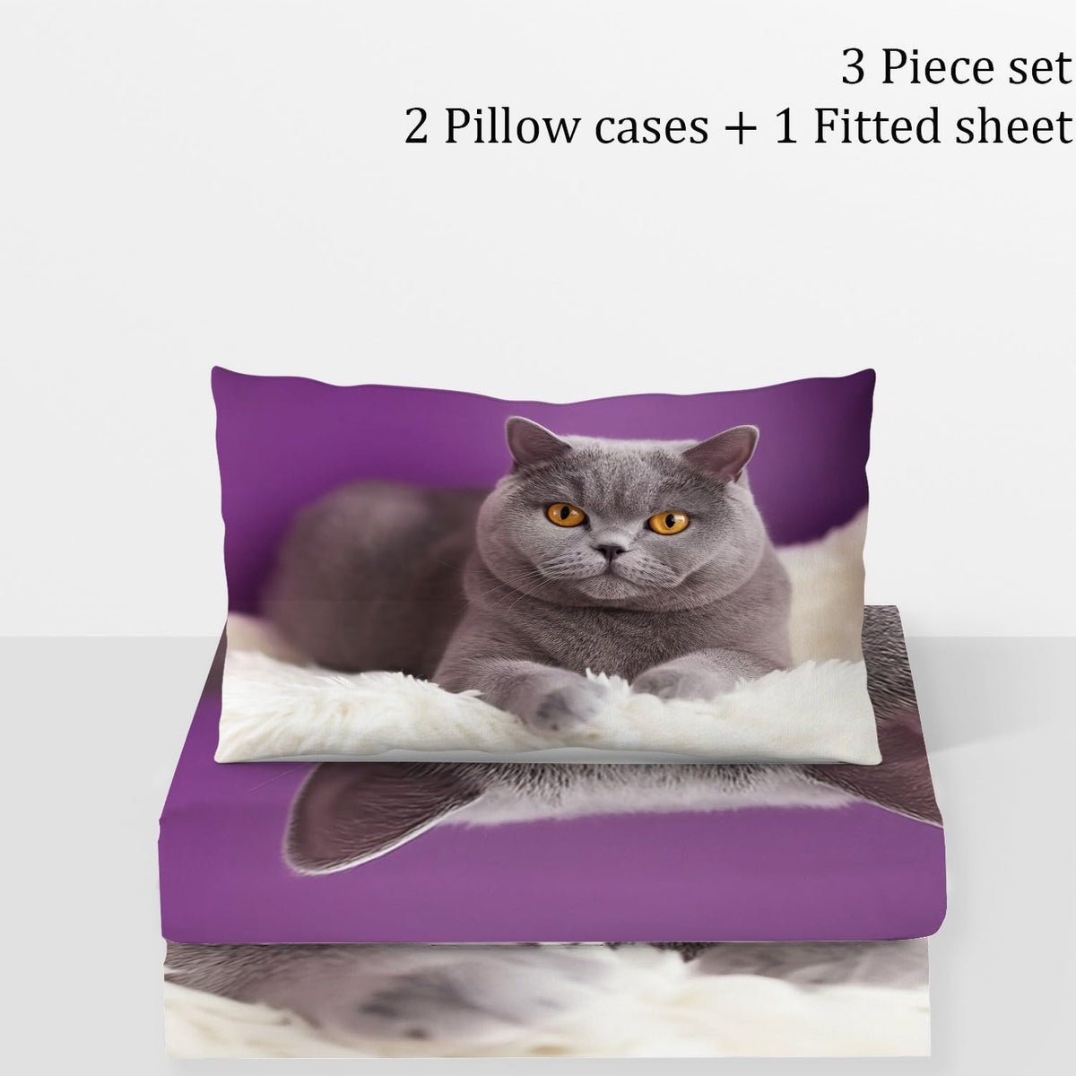 Spannbettlaken und Kissen mit blau grauer katze